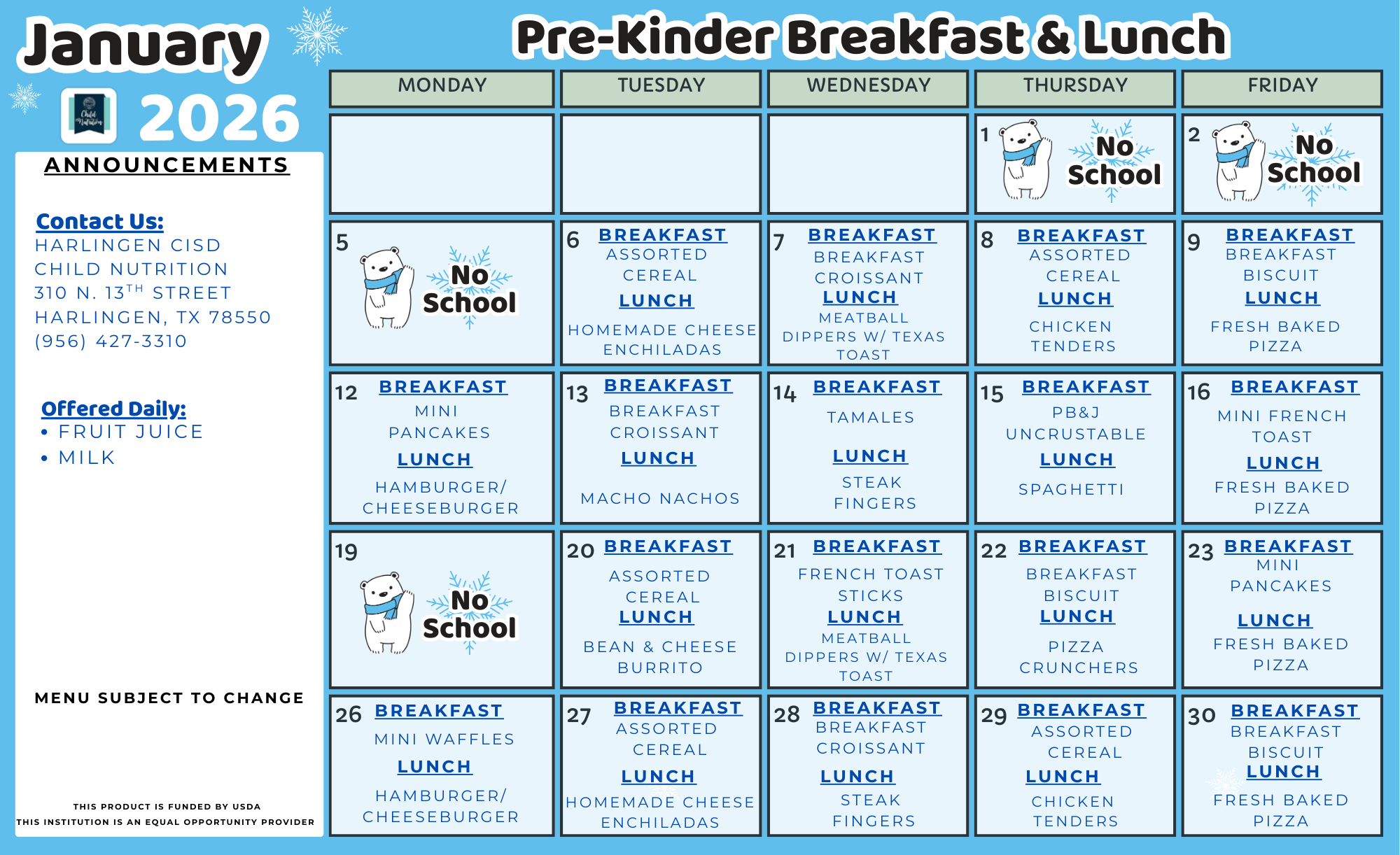 Pre-Kinder/Kinder Updated Menu 12/9/25